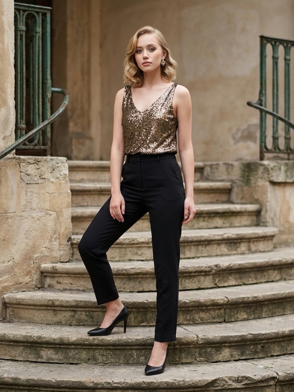 LAUREN RALPH LAUREN SEQUIN BRONZE DOUBLE V-NECK SLEEVELESS TANK TOP SZ 14